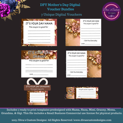 Mother's Day Digital DFY(Done For You} Template Vouchers_ Print and Cut Small Business Commercial Liceance