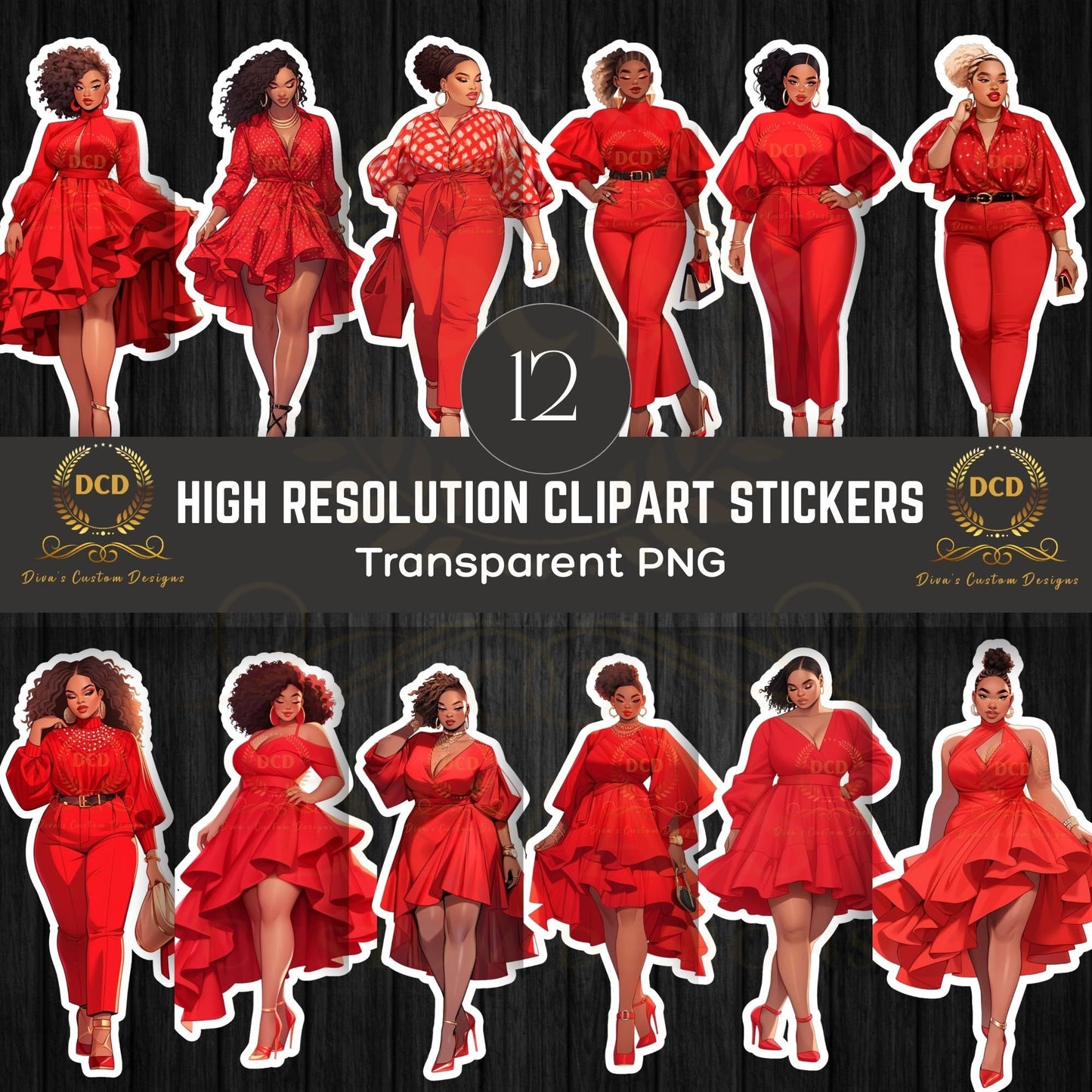 Ladies In Red High-Resolution Clip Art | Digital Sticker | African-American | Includes a Small Business Commercial Use License