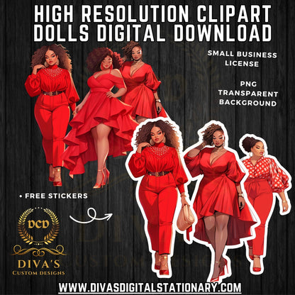 Ladies In Red High-Resolution Clip Art | Digital Sticker | African-American | Includes a Small Business Commercial Use License