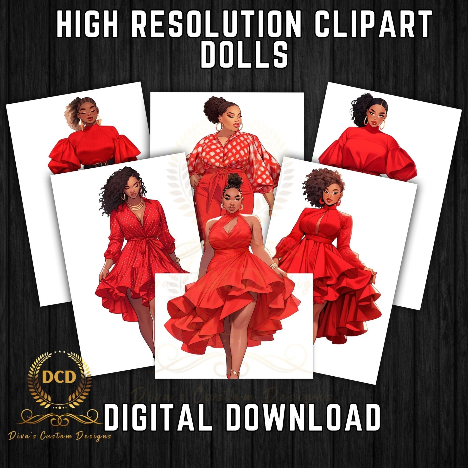 Ladies In Red High-Resolution Clip Art | Digital Sticker | African-American | Includes a Small Business Commercial Use License