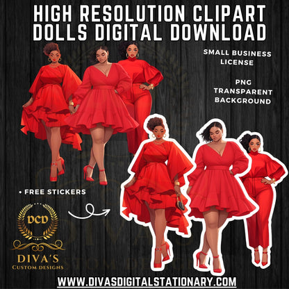Ladies In Red High-Resolution Clip Art | Digital Sticker | African-American | Includes a Small Business Commercial Use License
