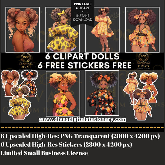 Cute Clipart Dolls High-Resolution Clip Art | Digital Sticker | African-American | Includes a Small Business Commercial Use License