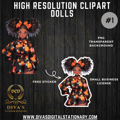 Cute Clipart Dolls High-Resolution Clip Art | Digital Sticker | African-American | Includes a Small Business Commercial Use License