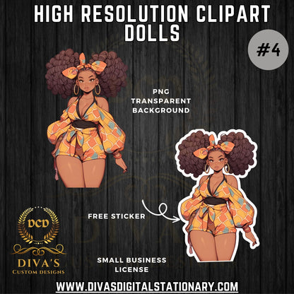 Cute Clipart Dolls High-Resolution Clip Art | Digital Sticker | African-American | Includes a Small Business Commercial Use License