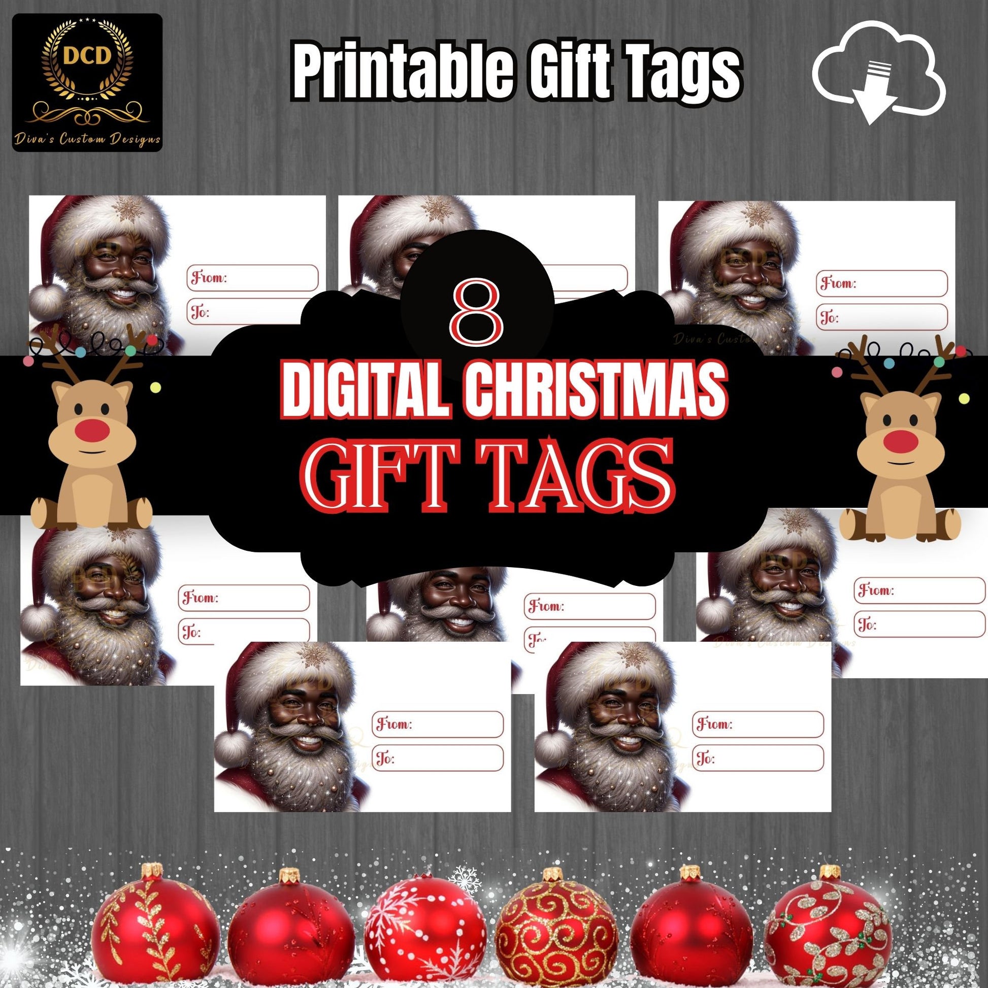 African American Santa Gift Tag, Digital Download, High-Quality PNG, PDF Files| Commercial & Personal Use | Printable Christmas Gift Tags