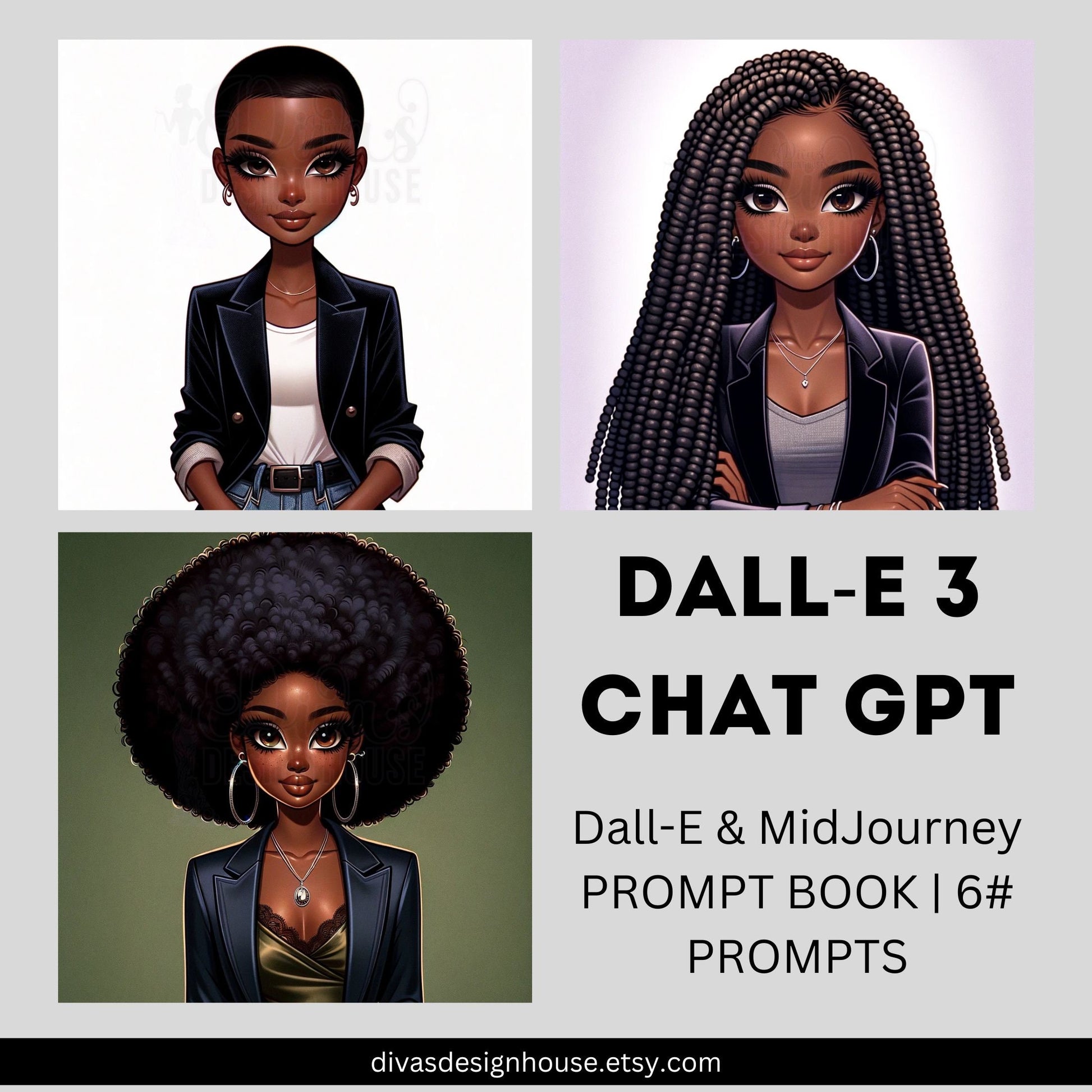 Melanin Woman 1 DALLE3 Prompt Guide | 6 Images | 6 Prompts | Includes a ChatGPT Prompt to Help Your Created Unlimited Prompts | MidJourney